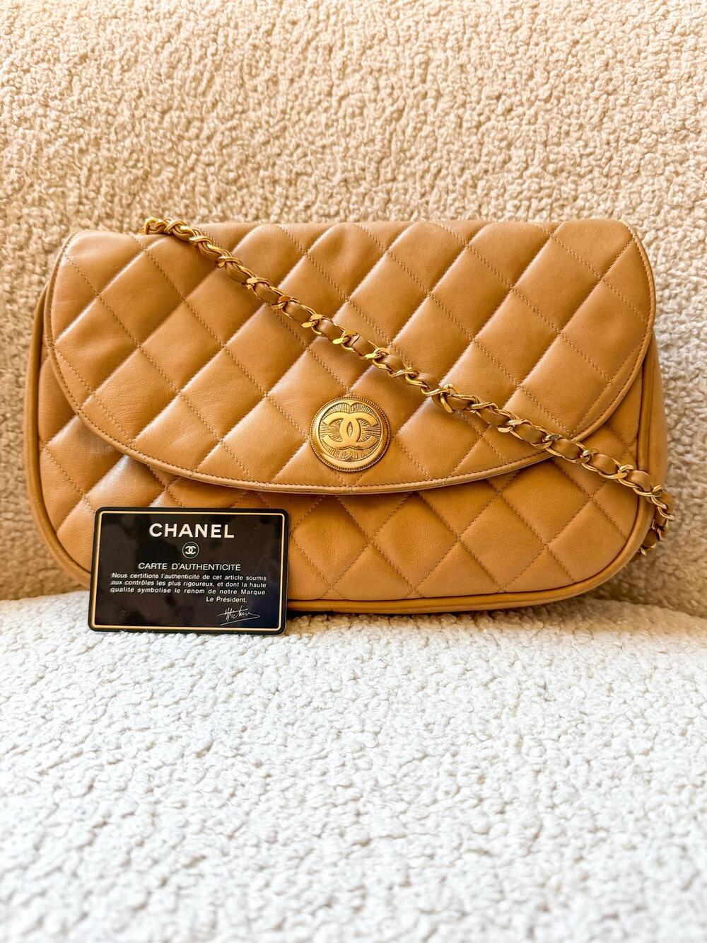 Vintage CHANEL Beige / Tan Quilted Lambskin Leather Half Moon Flap Bag